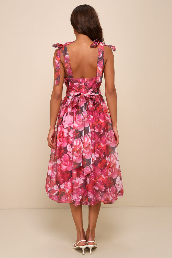 Flowering Day Dream Purple Floral Organza Midi Bubble Dress
