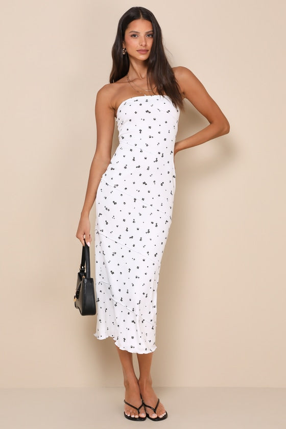 Summery Spirit Rust Floral Ribbed Strapless Midi Dress