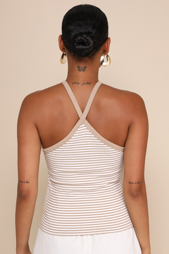 Delightful Pose Sage Striped Ribbed Knit Keyhole Halter Top