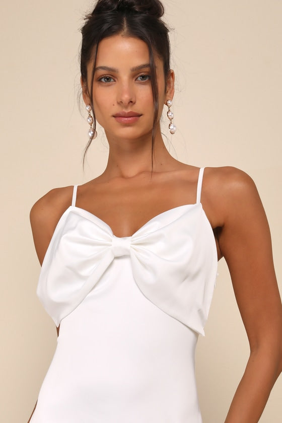 Extravagantly Sleek Navy Blue Satin Sleeveless Bow Midi Dress