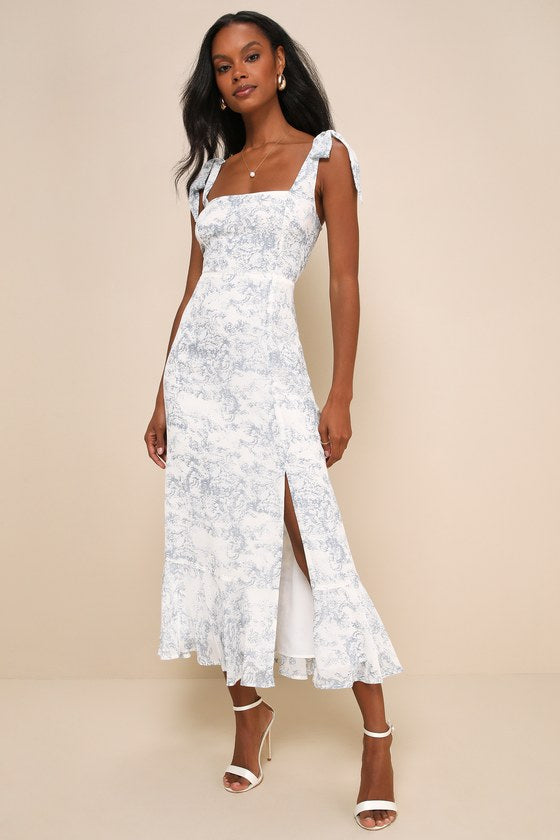Summer Invite White and Pink Toile Tie-Strap Tiered Midi Dress