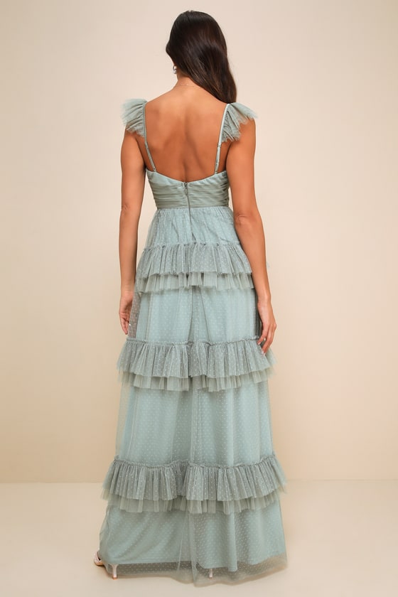 Pure Radiance Sage Brush Mesh Swiss Dot Tiered Maxi Dress