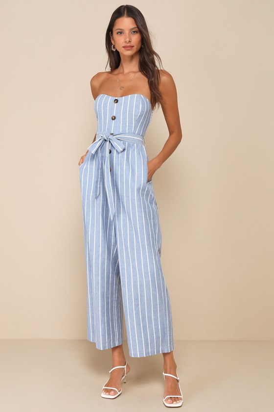 Sunny Day Classic Sage and White Striped Strapless Jumpsuit
