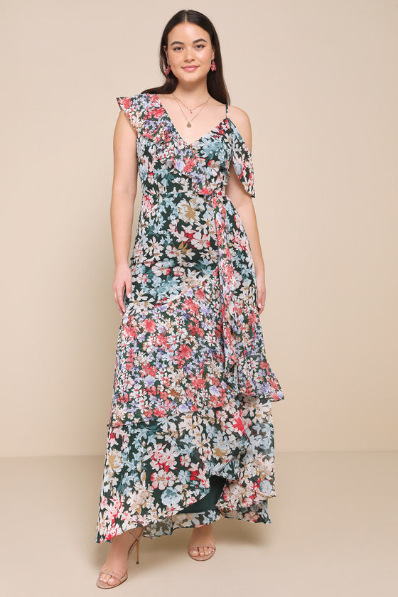 Radiant Ruby Red Floral Print Chiffon Maxi Dress