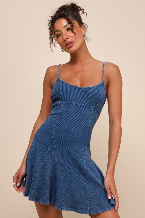Simply Pretty Washed Yellow Ribbed Pleated Sleeveless Mini Dress