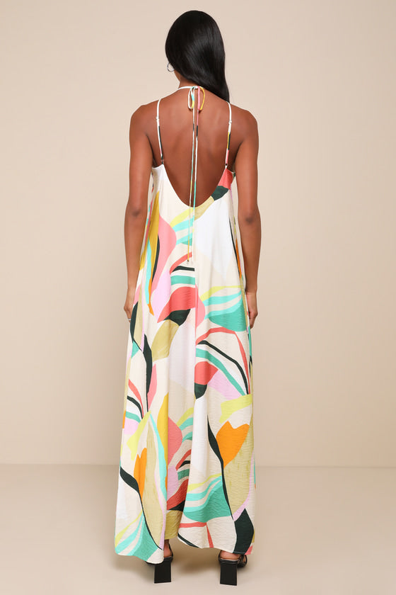 Wonderful Bliss Beige Multi Abstract Print Backless Maxi Dress