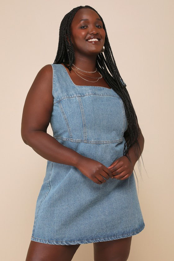 So Delighted Washed Black Denim Corset Seam Mini Dress