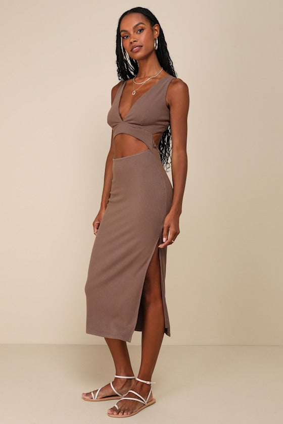 Divide and Contour White Ribbed Cutout Bodycon Midi Dress
