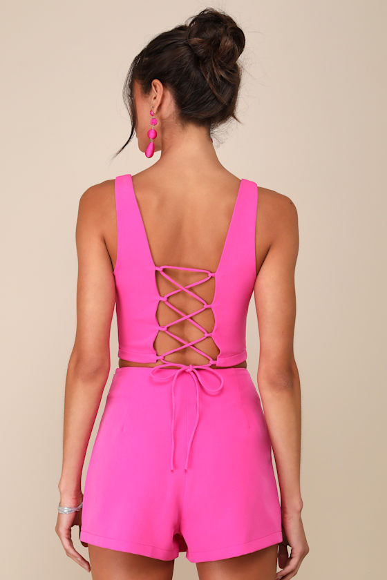 Exceptionally Styled Orange Lace-Up Two-Piece Skort Romper