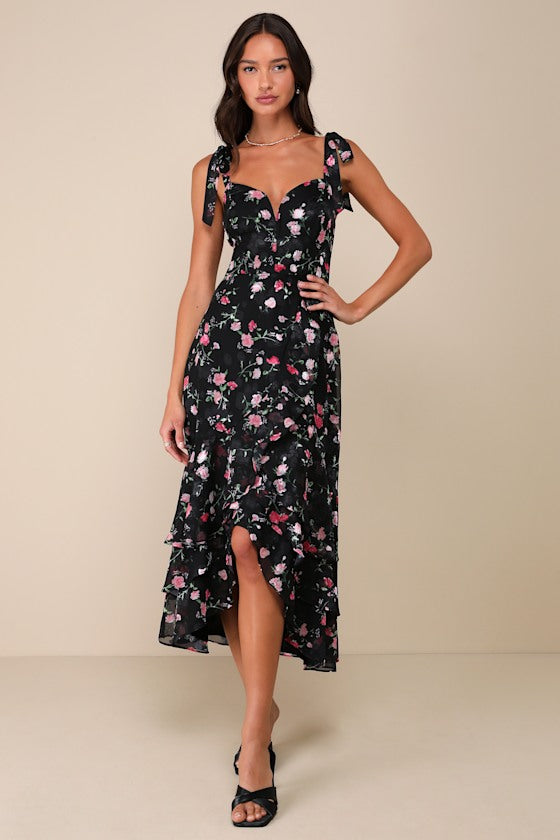 So Elevated Blue Floral Jacquard Tie-Strap High-Low Midi Dress