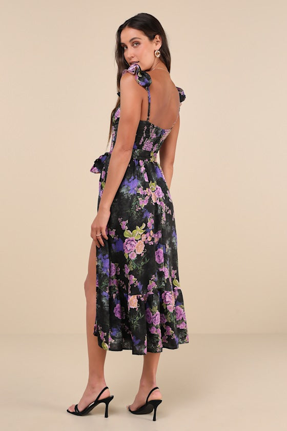 Sweet Like Sangria Pink Floral Ruffled Bustier Midi Dress