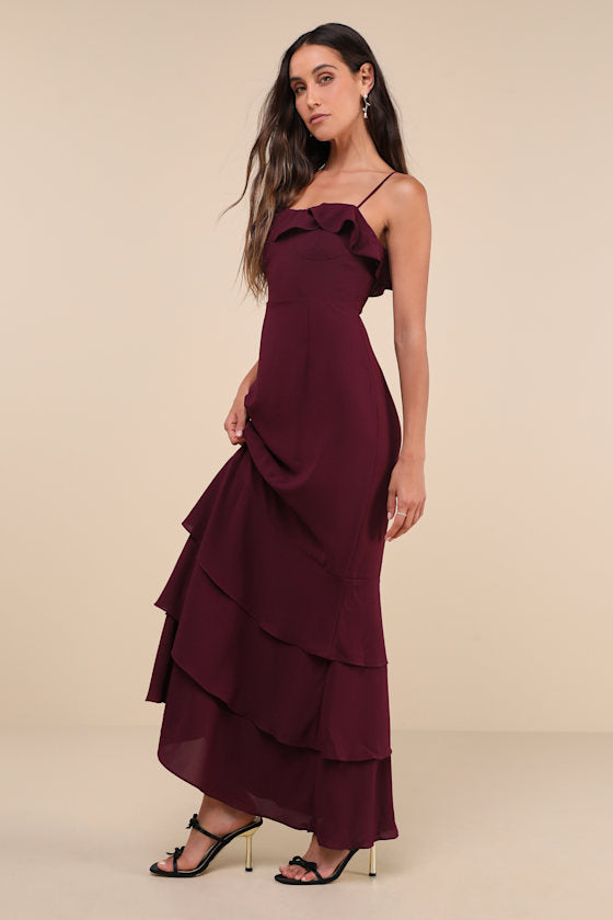 Lively Evenings Lavender Sleeveless Tiered Maxi Dress