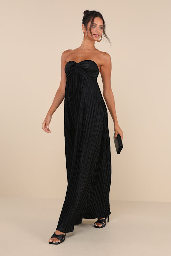 Whimsical Beauty Emerald Green Satin Plisse Strapless Maxi Dress