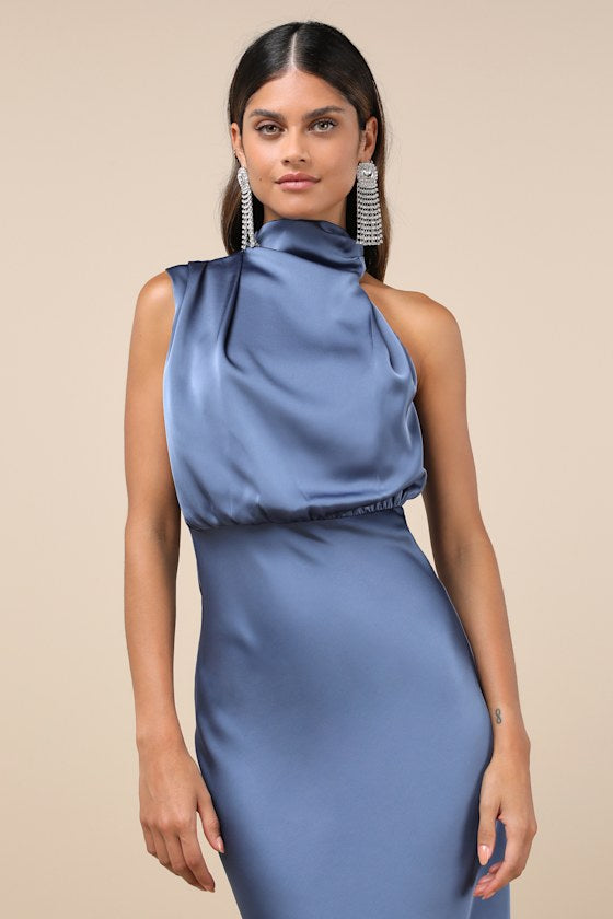 Distinctive Charm Navy Satin Asymmetrical Midi Dress