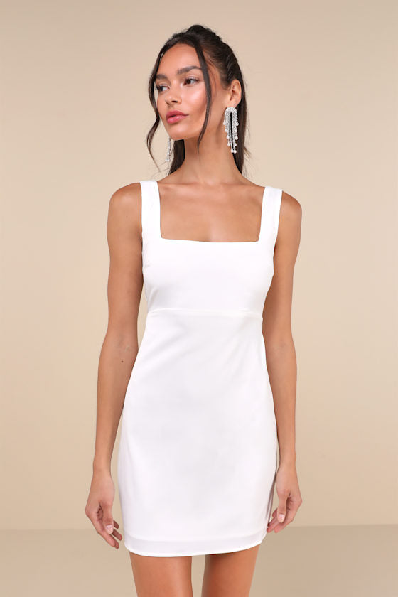 Truly the Cutest Light Blue Satin Square Neck Mini Dress