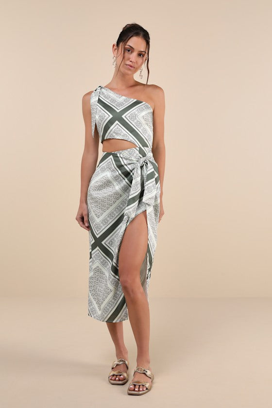 Vacay Beauty Blue Scarf Print One-Shoulder Tie-Strap Midi Dress