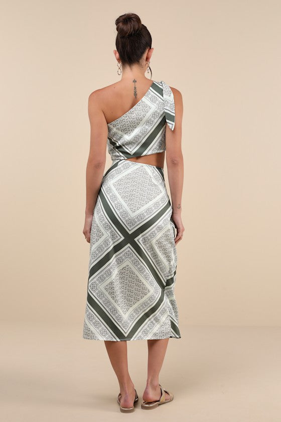 Vacay Beauty Blue Scarf Print One-Shoulder Tie-Strap Midi Dress