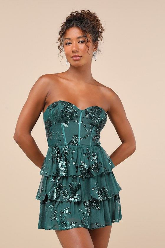 Definite Glamour Black Mesh Sequin Bustier Tiered Mini Dress