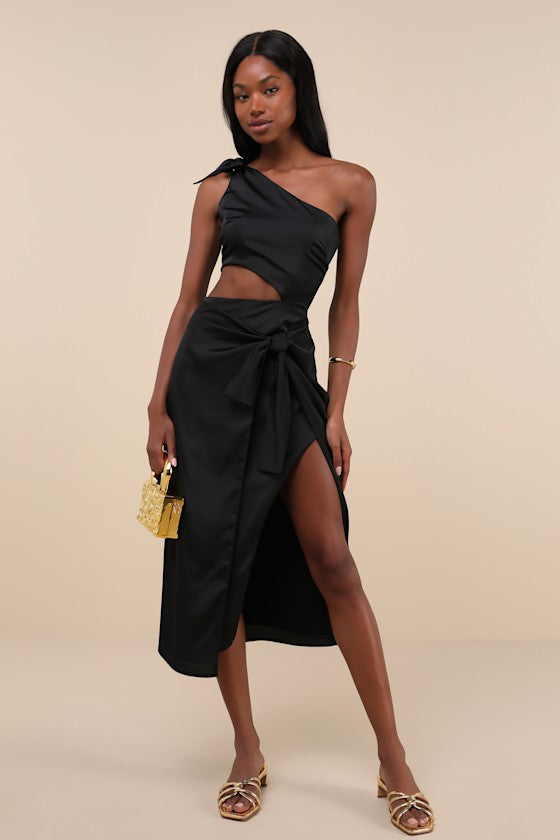 Vacay Beauty Blue Scarf Print One-Shoulder Tie-Strap Midi Dress