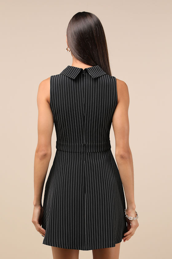 Totally Poised Black Pinstriped Collared Mini Dress With Pockets