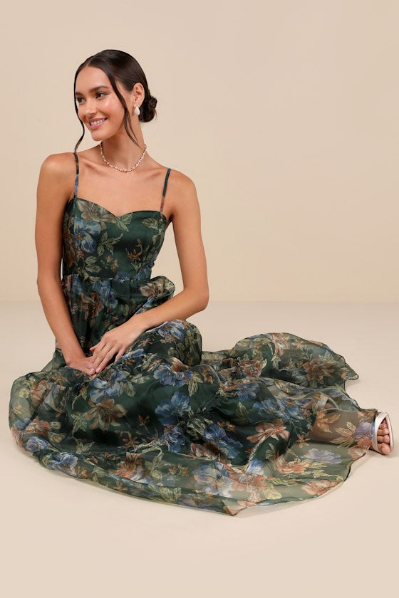 Exclusive Glamour Black Floral Organza Tiered Maxi Dress