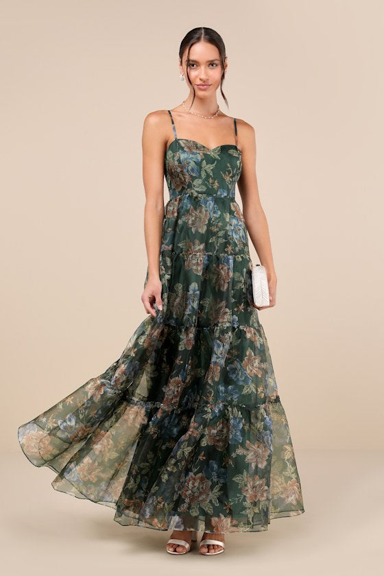 Exclusive Glamour Black Floral Organza Tiered Maxi Dress
