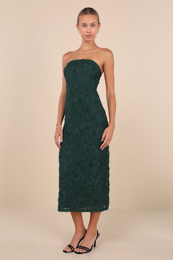 Flawless Perfection Blue Floral Applique Strapless Midi Dress