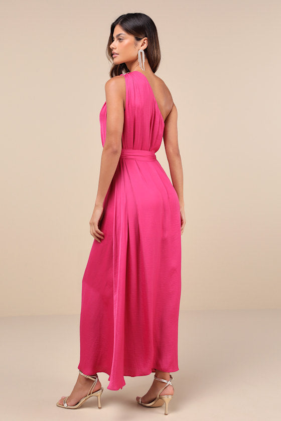 Goddess Aura Orange Multi Floral Satin One-Shoulder Maxi Dress