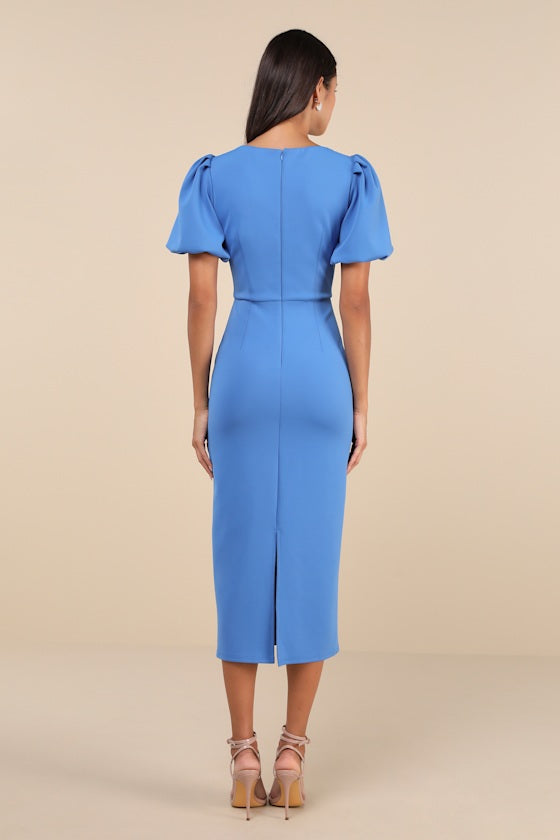 Simply Beloved Blue Puff Sleeve Bodycon Midi Dress