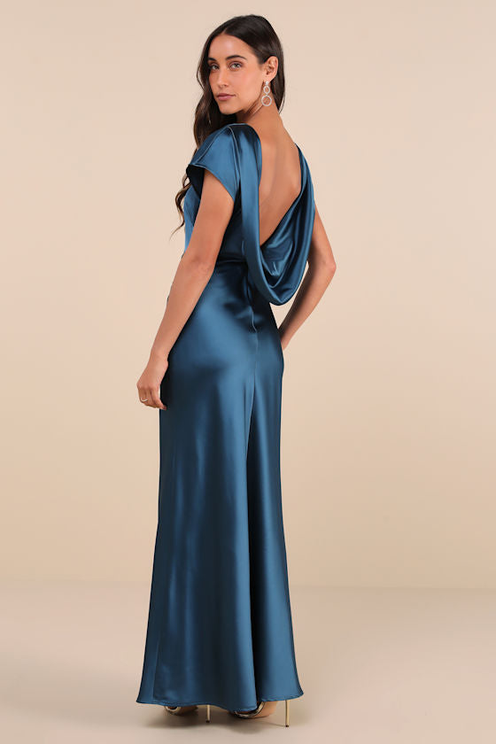 Captivating Presence Forest Green Satin Cowl Back Maxi Dress