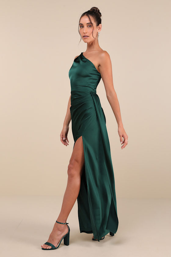 Signature Elegance Rose Satin One-Shoulder Maxi Dress