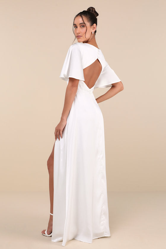 Elegant Confidence Teal Satin Flutter Sleeve Cutout Maxi Dress