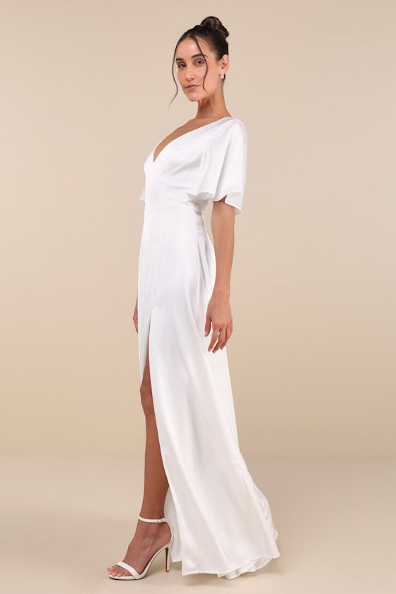 Elegant Confidence Teal Satin Flutter Sleeve Cutout Maxi Dress