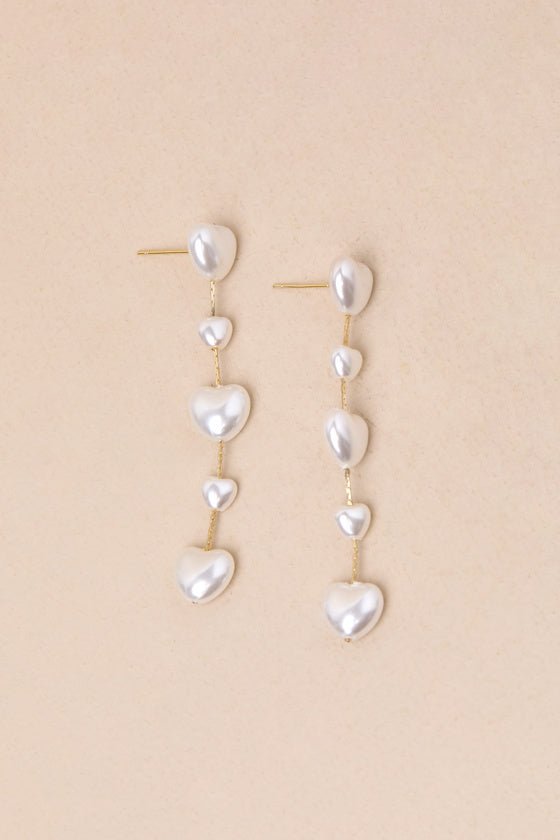 Endlessly Lovable Gold and White Pearl Heart Drop Earrings