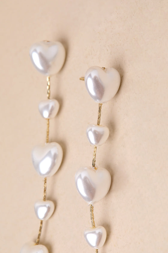 Endlessly Lovable Gold and White Pearl Heart Drop Earrings