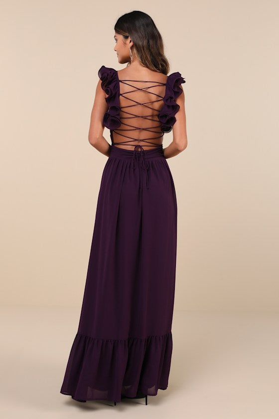 Soiree Celebration Blue Floral Ruffled Lace-Up Maxi Dress