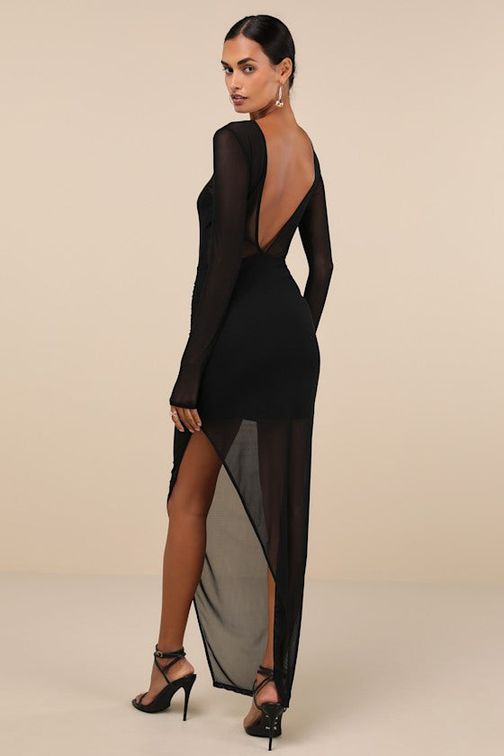 Alluring Silhouette Dark Brown Sheer Mesh Backless Maxi Dress