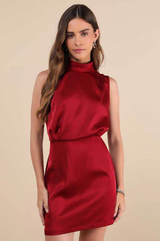 Classic Elegance Black Satin Sleeveless Mock Neck Mini Dress
