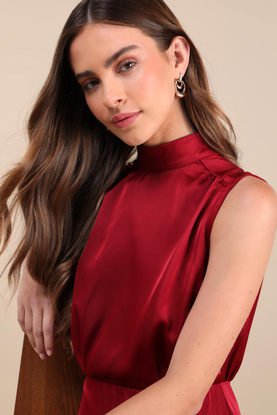 Classic Elegance Navy Satin Sleeveless Mock Neck Mini Dress