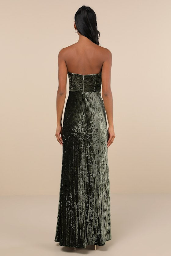 Classy Sensation Navy Blue Velvet Pleated Strapless Maxi Dress