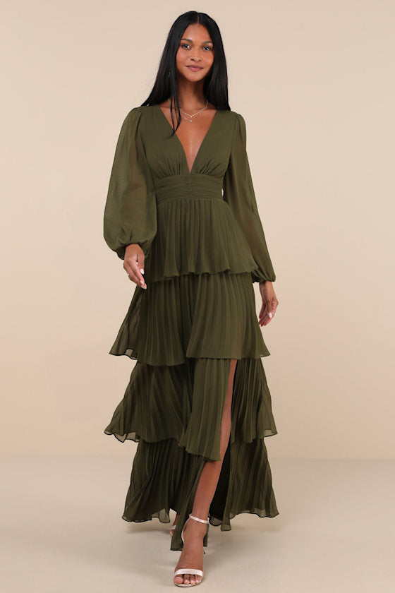 Graceful Finesse Dusty Rose Pleated Long Sleeve Maxi Dress
