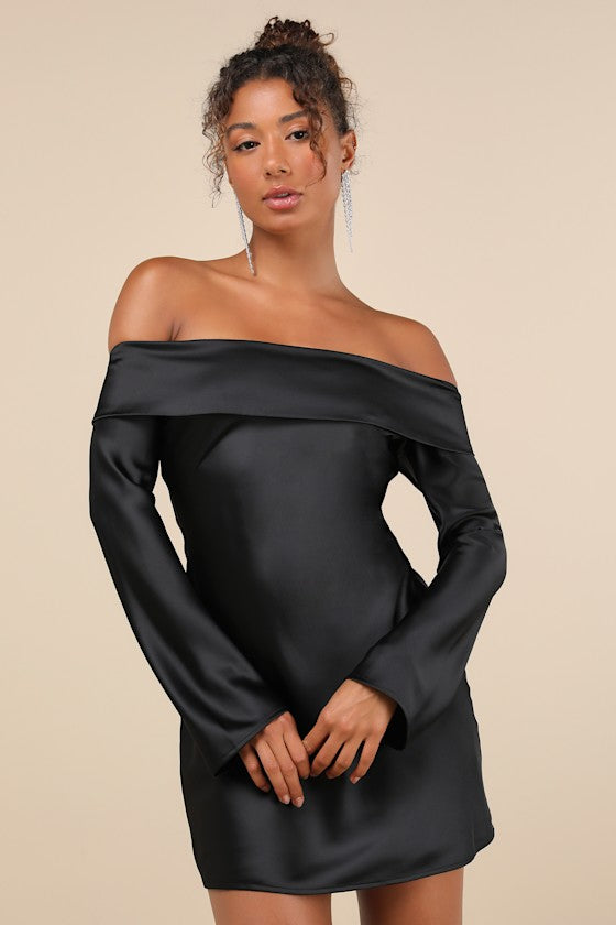 Luxurious Vision Teal Satin Off-the-Shoulder Mini Dress