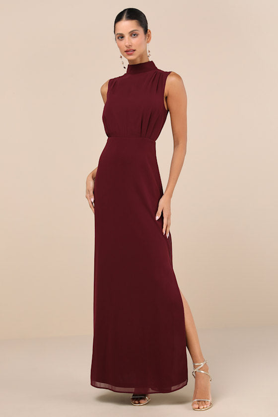 Classic Elegance Emerald Chiffon Sleeveless Mock Neck Maxi Dress
