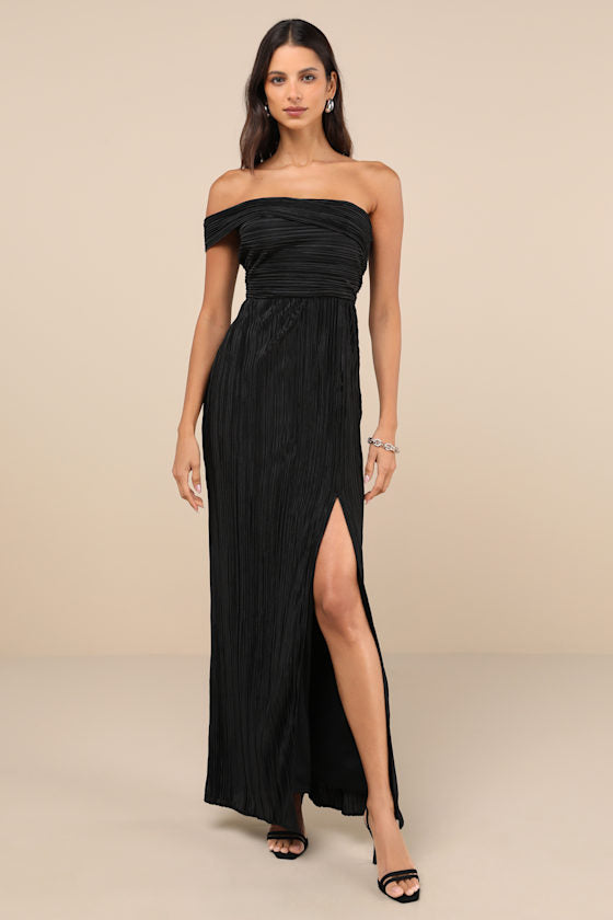 Poised Performance Blue Plisse One-Shoulder Maxi Dress