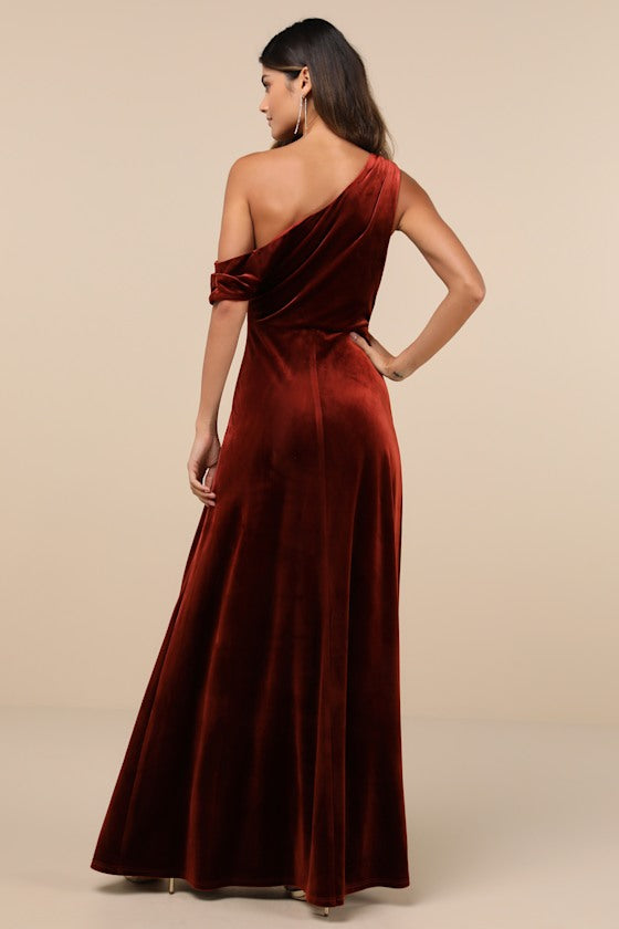 Coveted Confidence Brown Velvet Asymmetrical Maxi Dress