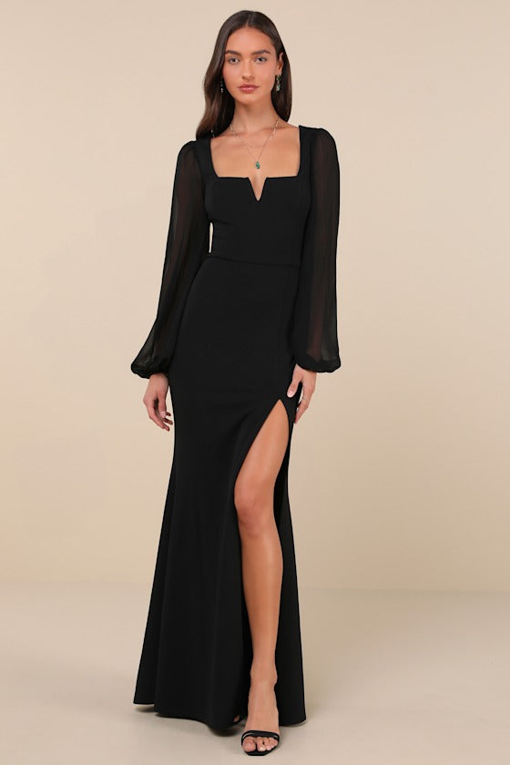 Composed Elegance Burgundy Balloon Sleeve Mermaid Maxi Dress