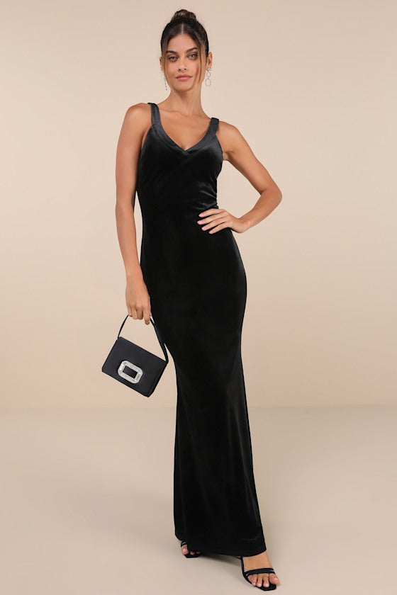 Perfectly Classy Navy Blue Velvet Strappy Maxi Dress