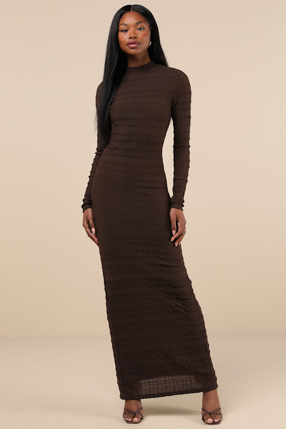 Trendsetting Design Black Textured Long Sleeve Maxi Dress