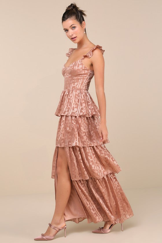 Stunning Glory Sage Green Floral Jacquard Tiered Maxi Dress