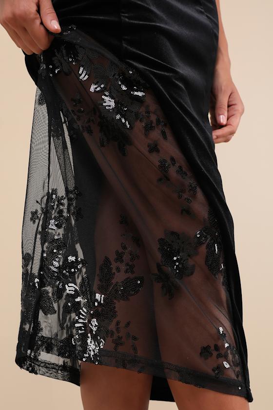 Feeling So Luxe Emerald Velvet Mesh Sequin Strapless Midi Dress